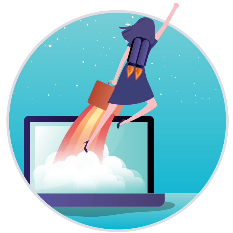 Illustrated professional woman flying out of a laptop symbolizing a website agency