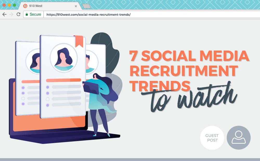 Woman holding a tablet with text - 7 Social Media Recruitment Trends to Watch
