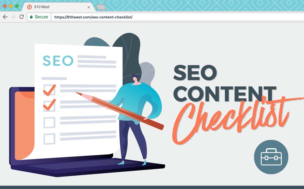 SEO Content Checklist - Illustrated man holding a pencil next to a checklist document